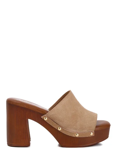 London Rag Suede High Block Heel Clogs in Tan
