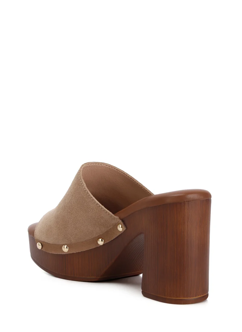 London Rag Suede High Block Heel Clogs in Tan
