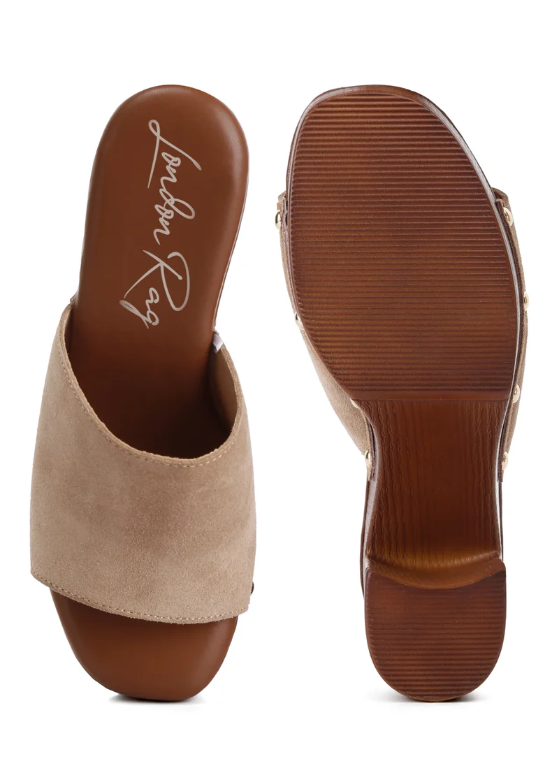 London Rag Suede High Block Heel Clogs in Tan