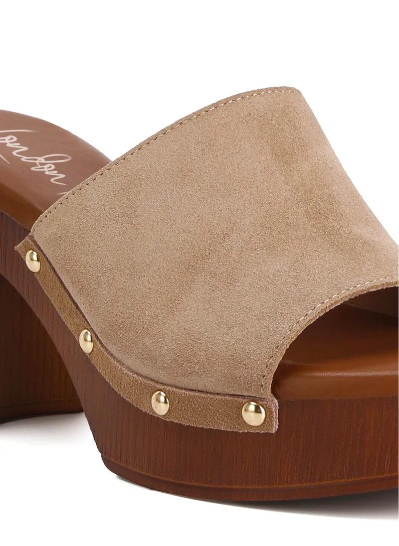 London Rag Suede High Block Heel Clogs in Tan