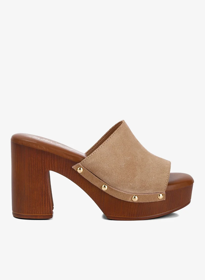 Suede High Block Heel Clogs in Tan