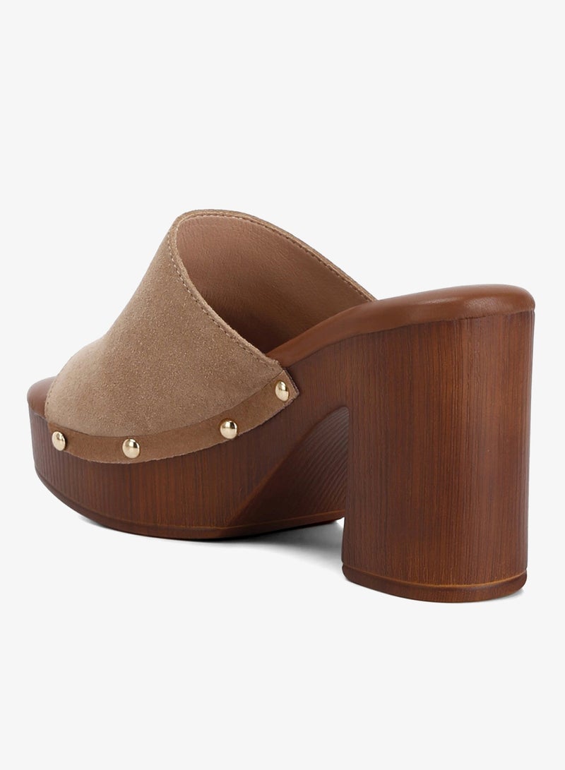 London Rag Suede High Block Heel Clogs in Tan - Image 3
