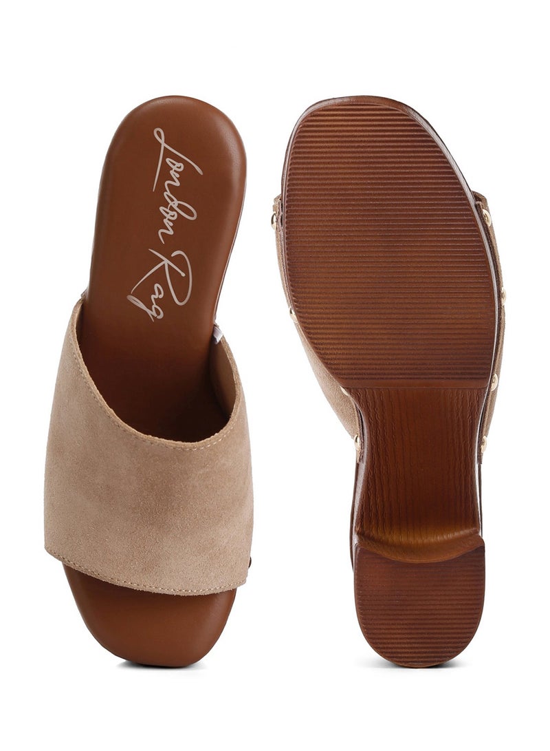 London Rag Suede High Block Heel Clogs in Tan - Image 4