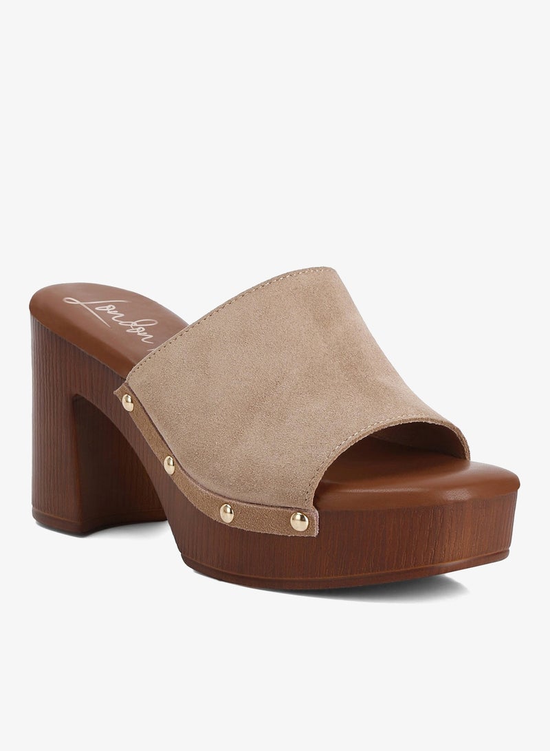 London Rag Suede High Block Heel Clogs in Tan - Image 2