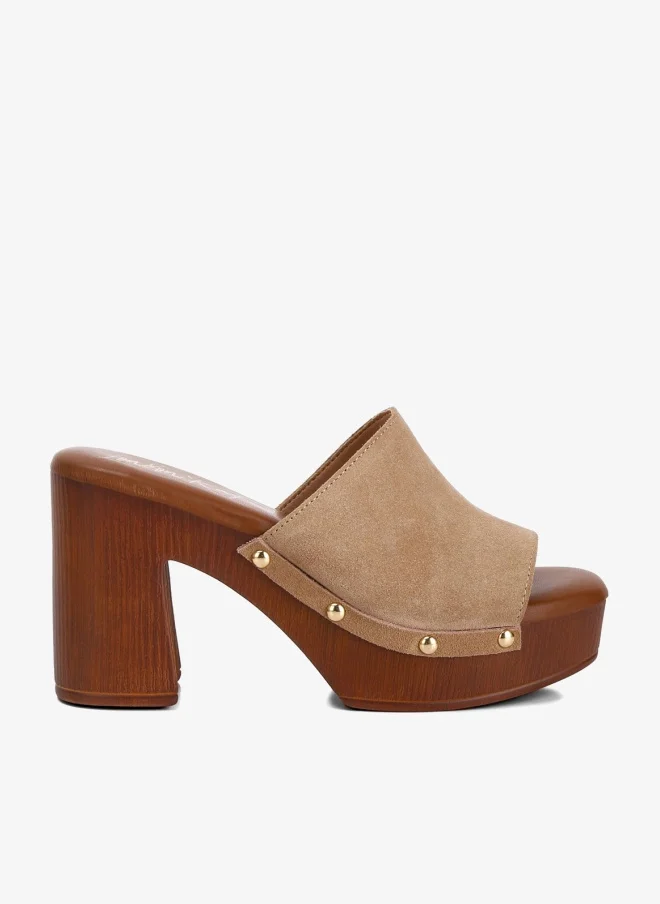 London Rag Suede High Block Heel Clogs in Tan