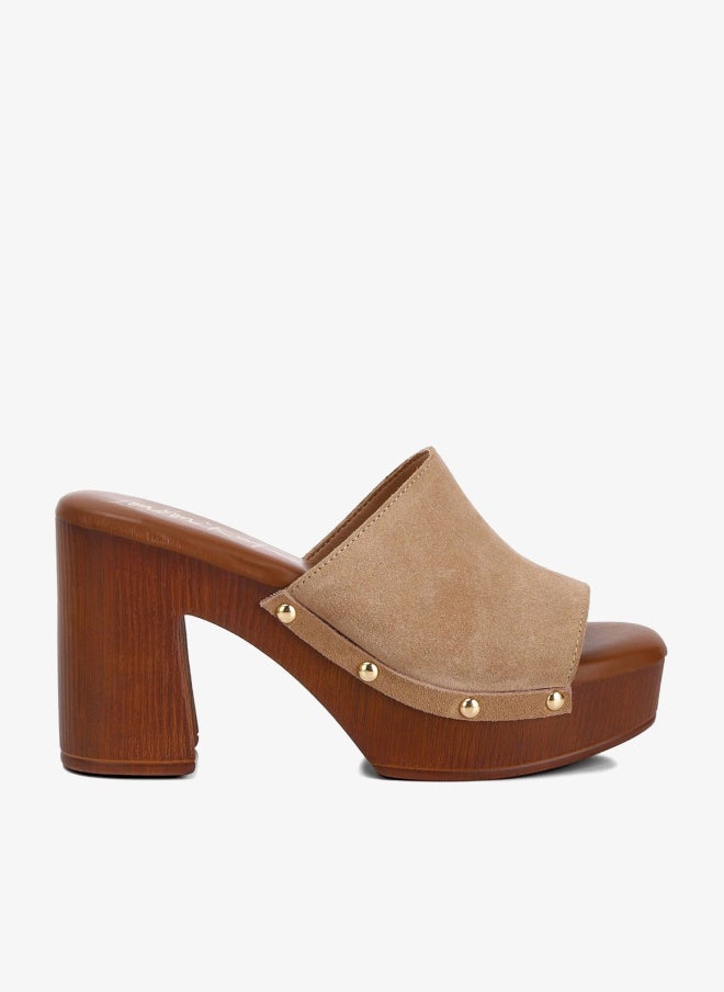 London Rag Suede High Block Heel Clogs in Tan - Image 1