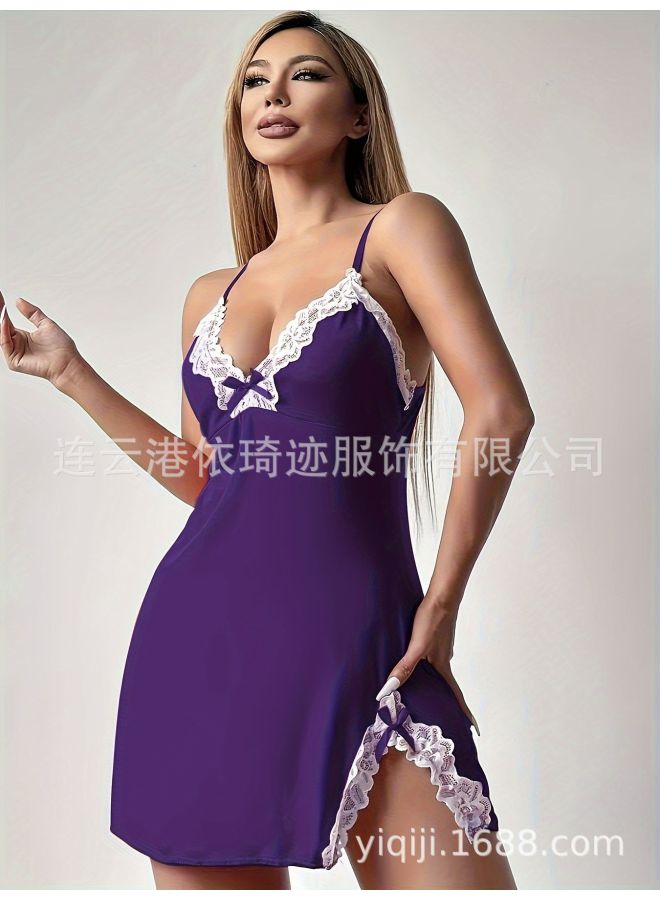 European And American Plus Size Lingerie Gather Deep V Bow Side Split Slim-fit Sling Nightgown Suit Hair