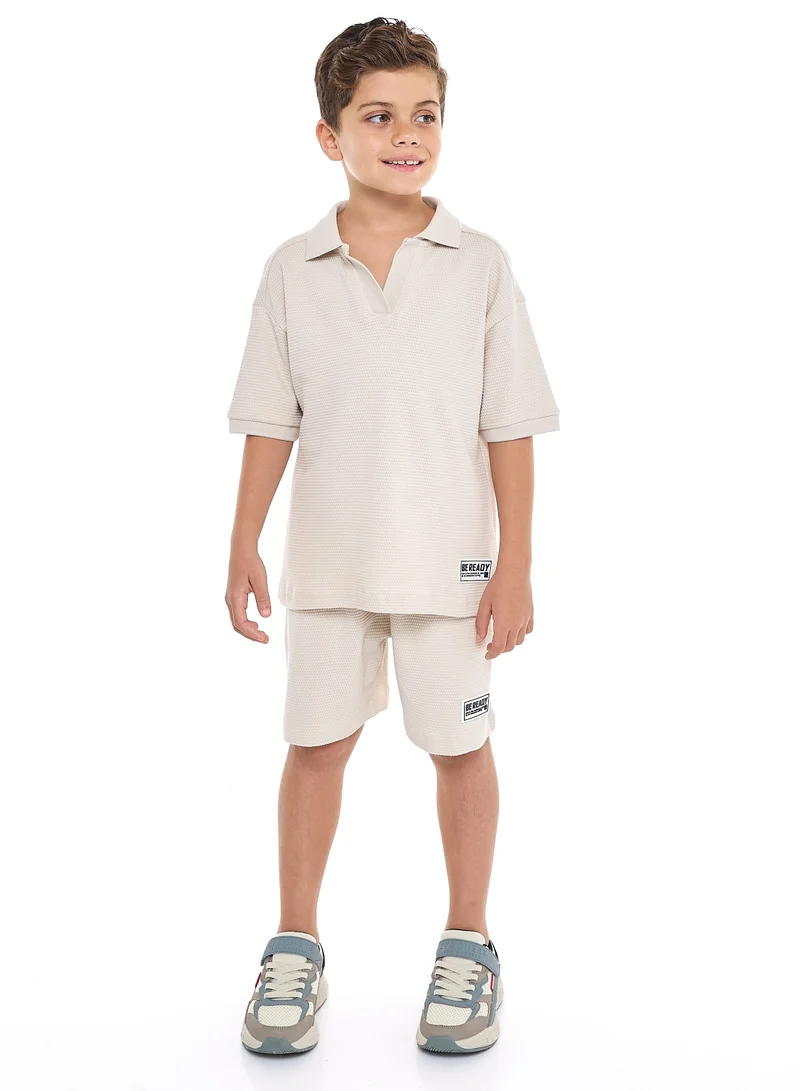 victor and jane Oversized - Boys' Jacquard 2-Piece Set - Polo T-Shirt with Badge Detail and matching Shorts with Pockets,