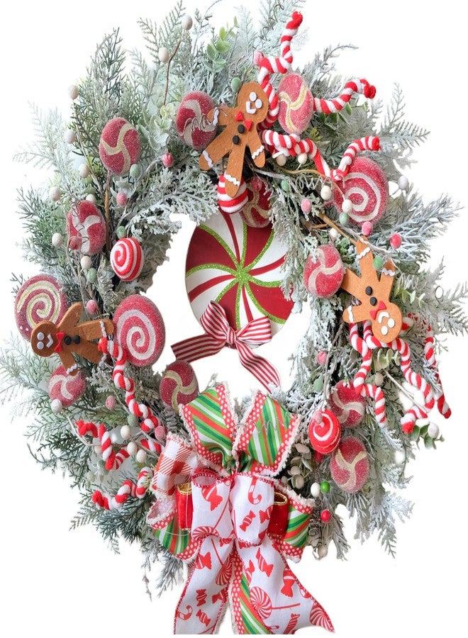 Egolot 24 Inch Winter Christmas Candy Cane Wreath for Front Door, Christmas Red White Xmas Indoor Outdoor Candy Gingerbread Wreath, Holiday Wreaths for Window Wall - Image 1