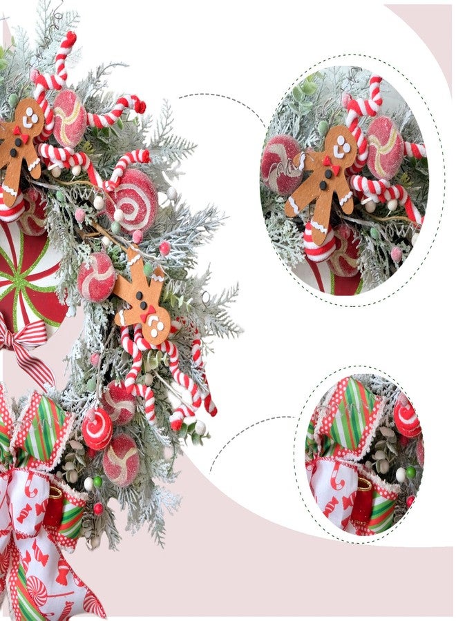 Egolot 24 Inch Winter Christmas Candy Cane Wreath for Front Door, Christmas Red White Xmas Indoor Outdoor Candy Gingerbread Wreath, Holiday Wreaths for Window Wall - Image 2
