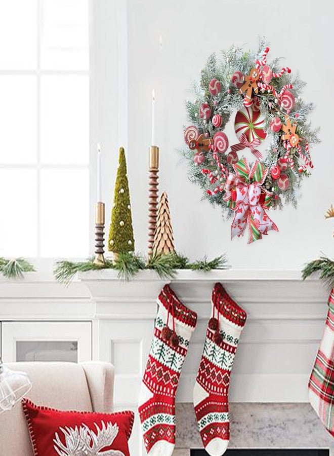 Egolot 24 Inch Winter Christmas Candy Cane Wreath for Front Door, Christmas Red White Xmas Indoor Outdoor Candy Gingerbread Wreath, Holiday Wreaths for Window Wall - Image 3