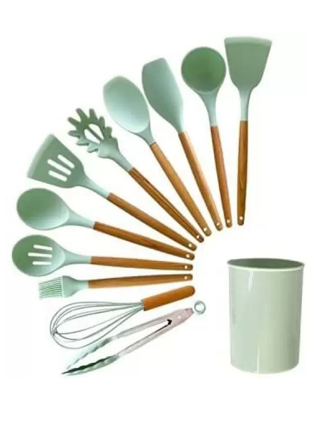 Kitchen Utensil Set, Silicone Cooking Utensils 12 Pcs Kitchen Tools with Natural Wooden Handles (Green,Brown) - Image 1