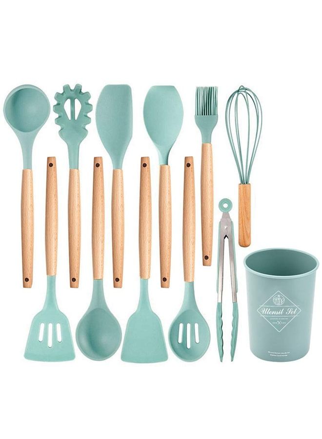Kitchen Utensil Set, Silicone Cooking Utensils 12 Pcs Kitchen Tools with Natural Wooden Handles (Green,Brown) - Image 2