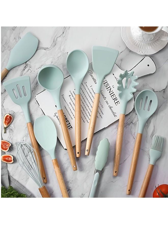 Kitchen Utensil Set, Silicone Cooking Utensils 12 Pcs Kitchen Tools with Natural Wooden Handles (Green,Brown) - Image 3