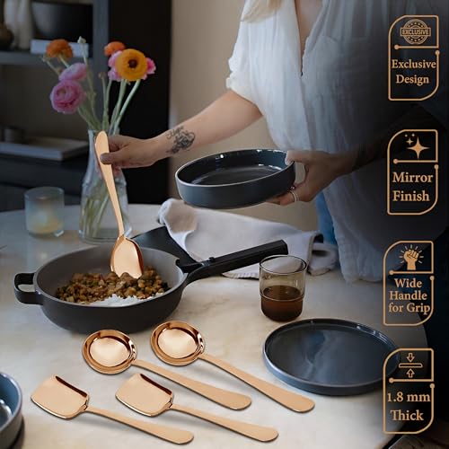 Parage 6 Pieces Stainless Steel Rose Gold Serving Spoons Set for Dining Table/Kitchen, 1.8 mm Heavy Gauge (2 Soup Ladle (Karchi), 2 Solid Spoon (Chamcha), 2 Rice Spoon), (Pack of 6) PVD Rose Gold - Image 5