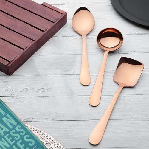 Parage 6 Pieces Stainless Steel Rose Gold Serving Spoons Set for Dining Table/Kitchen, 1.8 mm Heavy Gauge (2 Soup Ladle (Karchi), 2 Solid Spoon (Chamcha), 2 Rice Spoon), (Pack of 6) PVD Rose Gold - Image 2