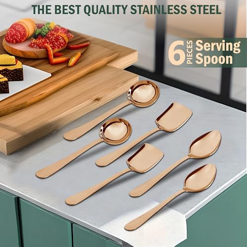 Parage 6 Pieces Stainless Steel Rose Gold Serving Spoons Set for Dining Table/Kitchen, 1.8 mm Heavy Gauge (2 Soup Ladle (Karchi), 2 Solid Spoon (Chamcha), 2 Rice Spoon), (Pack of 6) PVD Rose Gold - Image 4