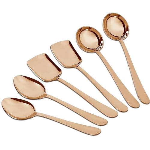 Parage 6 Pieces Stainless Steel Rose Gold Serving Spoons Set for Dining Table/Kitchen, 1.8 mm Heavy Gauge (2 Soup Ladle (Karchi), 2 Solid Spoon (Chamcha), 2 Rice Spoon), (Pack of 6) PVD Rose Gold - Image 1