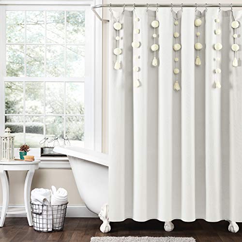 Lush Decor Lush Decor Boho Pom Pom Tassel Linen Shower Curtain 72 x 72 Off White 