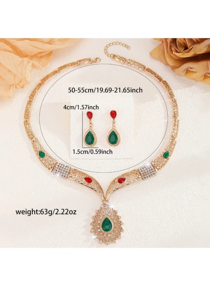 Hot selling gold hollowed out artificial rhinestone necklace and earring set in Europe and America - Image 4