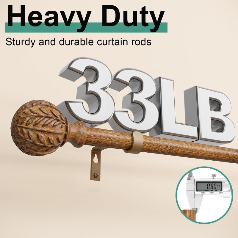 QDWIS Boho Wood Curtain Rods for Windows 48 to 84 inch,1" Adjustable Heavy Duty Window Curtain Rod with Imitation Wood Grain Finials,Rustic Decorative Drapery Rods Set,Size:36-88'',Natural Wood - Image 4