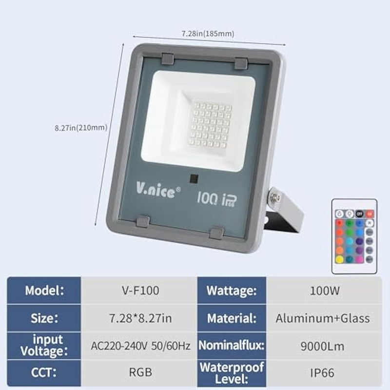 V.nice RGB LED Flood Light Outdoor with Remote Control, 100W/200W/400W, 16 Color Changing Modes, IP66 Waterproof, Adjustable Bracket, LED Floodlight for Garden, Garage, Yard, Landscape Lighting - Image 2