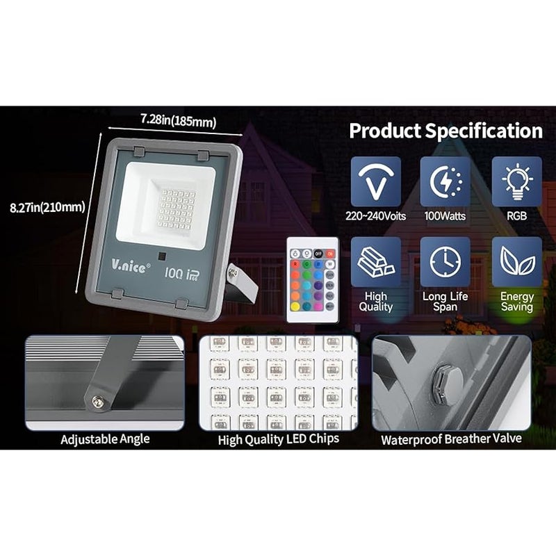 V.nice RGB LED Flood Light Outdoor with Remote Control, 100W/200W/400W, 16 Color Changing Modes, IP66 Waterproof, Adjustable Bracket, LED Floodlight for Garden, Garage, Yard, Landscape Lighting - Image 3