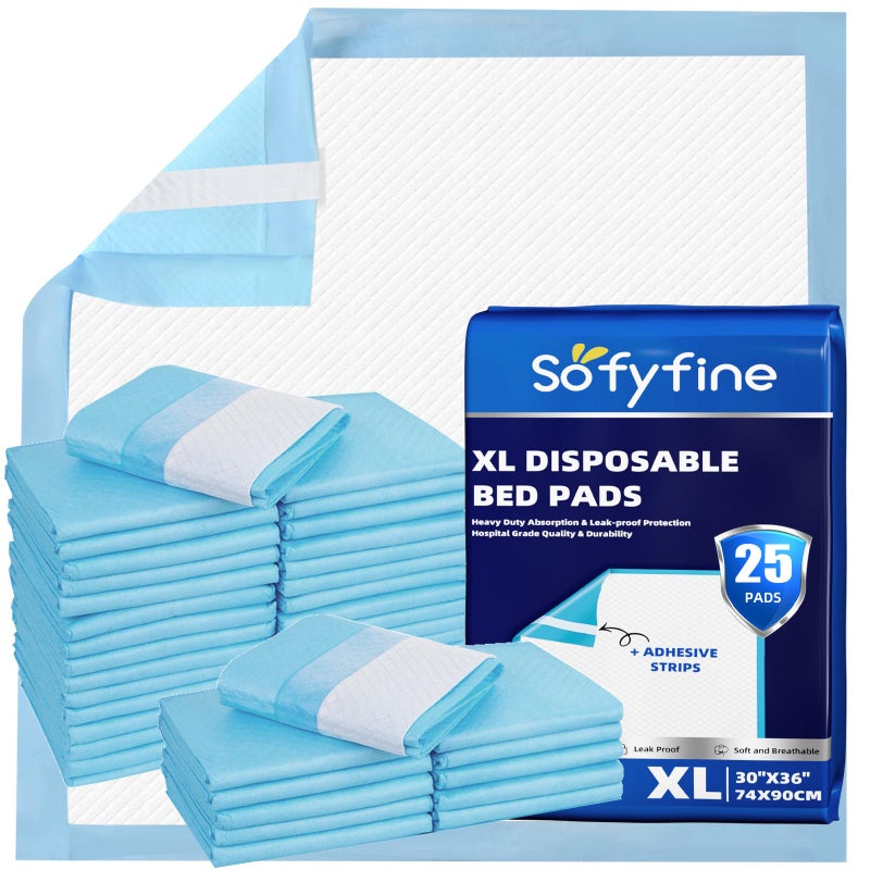 SOFYFINE وسادات سرير SOFYFINE بشريط لاصق 30"x36" سميكة لكبار السن البالغين الذين يعانون من سلس البول، تحت الوسادات القابلة للتخلص منها، شديدة الامتصاص، مقاومة للماء، XL كبيرة جداً لتدريب الجراء على التبول [25 وسادة] - Image 1