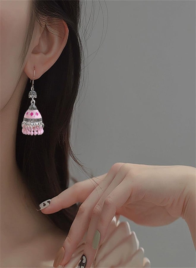 OIDIMS Indian Jhumki Bell Earrings for Women Dangling Vintage Statement Ethnic Boho Hollow Jhumka Round Bells Tassel Dangle Drop Earring Bollywood Traditional Fashion Gypsy Jewelry Party Festival (Pink) - Image 2