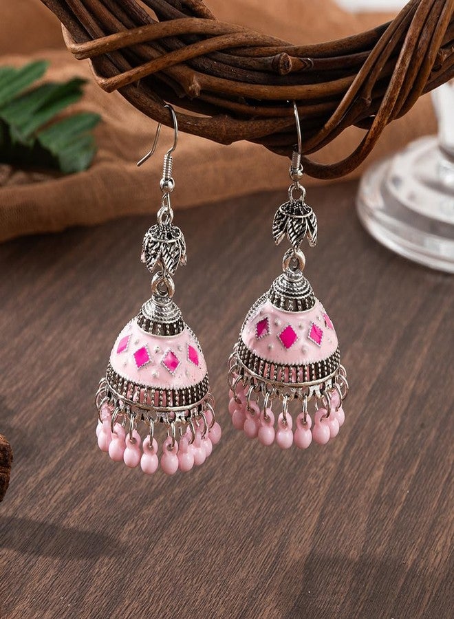 OIDIMS Indian Jhumki Bell Earrings for Women Dangling Vintage Statement Ethnic Boho Hollow Jhumka Round Bells Tassel Dangle Drop Earring Bollywood Traditional Fashion Gypsy Jewelry Party Festival (Pink) - Image 3