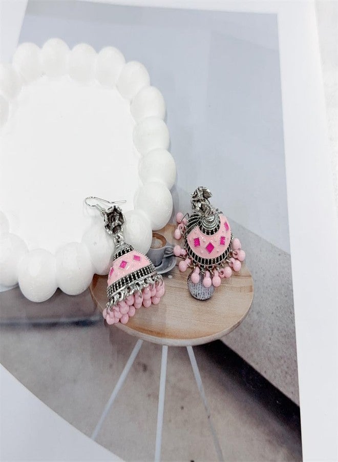 OIDIMS Indian Jhumki Bell Earrings for Women Dangling Vintage Statement Ethnic Boho Hollow Jhumka Round Bells Tassel Dangle Drop Earring Bollywood Traditional Fashion Gypsy Jewelry Party Festival (Pink) - Image 5