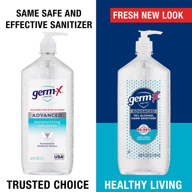 Germ-X Advanced Hand Sanitizer, 34 Fl Oz (1 Liter), Less Drying Moisturizing Clear Gel, No Rinse Formula, Large Family Size Pump Bottle - Image 2