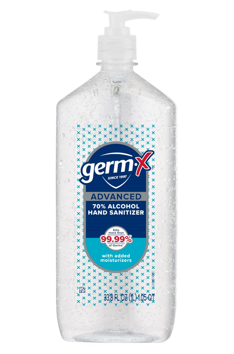 Germ-X Advanced Hand Sanitizer, 34 Fl Oz (1 Liter), Less Drying Moisturizing Clear Gel, No Rinse Formula, Large Family Size Pump Bottle - Image 1