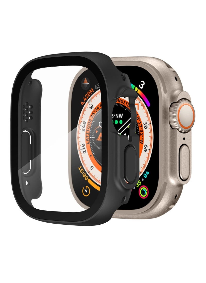 Generic Rugged Bumper Designed for Apple Watch Ultra 49mm Case Built in 9H Tempered Glass Screen Protector, Hard PC Protective Case Cover - Matte Black 