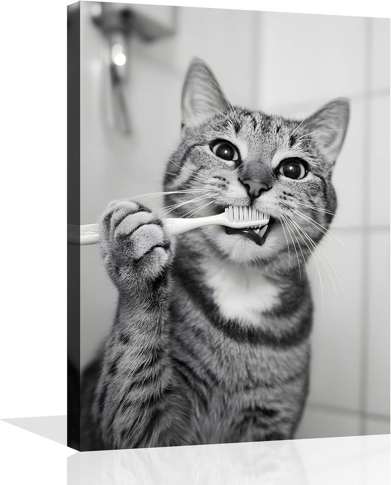 OWNANRTHM Funny Cat Brushing Teeth Canvas Wall Art - Image 1