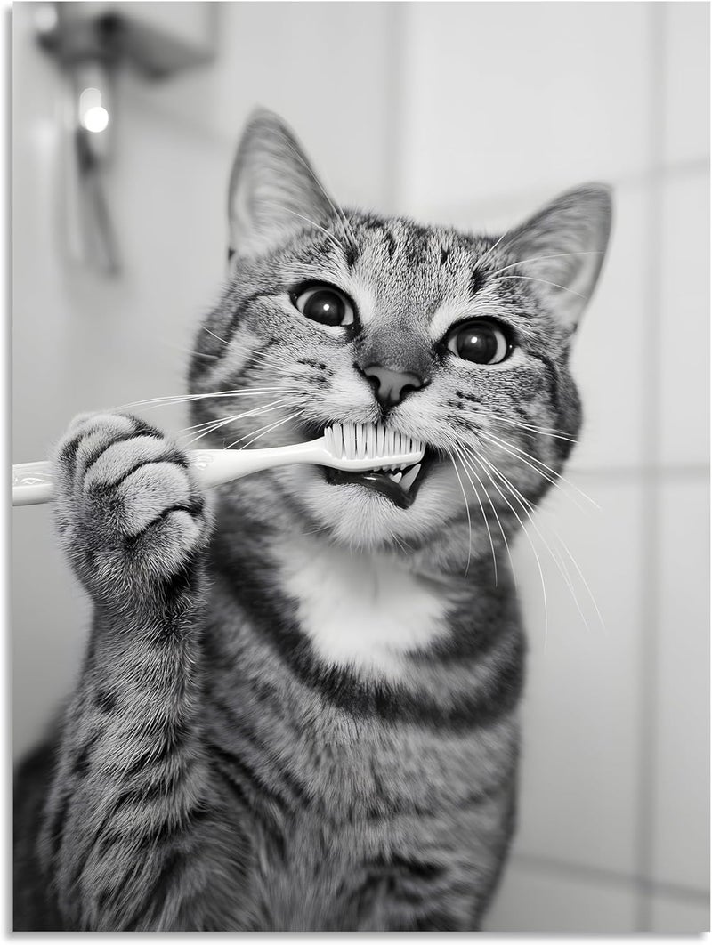 OWNANRTHM Funny Cat Brushing Teeth Canvas Wall Art - Image 2