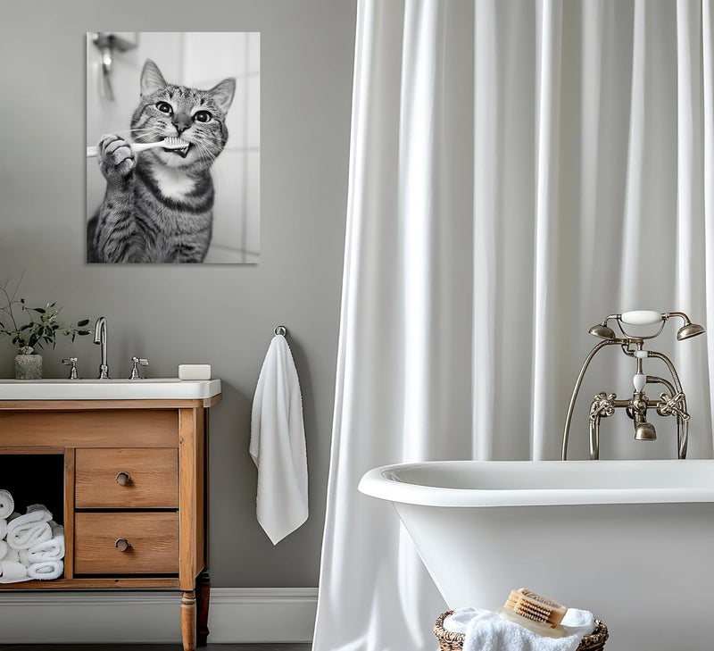 OWNANRTHM Funny Cat Brushing Teeth Canvas Wall Art - Image 4