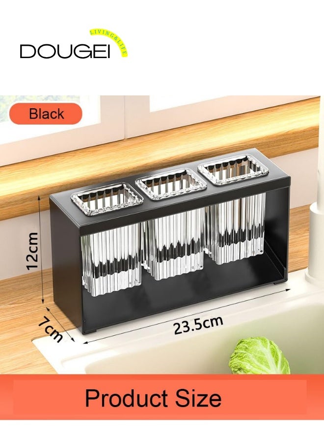 دوغي كونترتوب أدوات المائدة التجفيف حامل أدوات المائدة المائدة التجفيف صندوق منضدية منفصل 3 أكواب شوكة عود المطبخ تخزين أدوات المائدة منظم الأواني (أسود) - Image 2