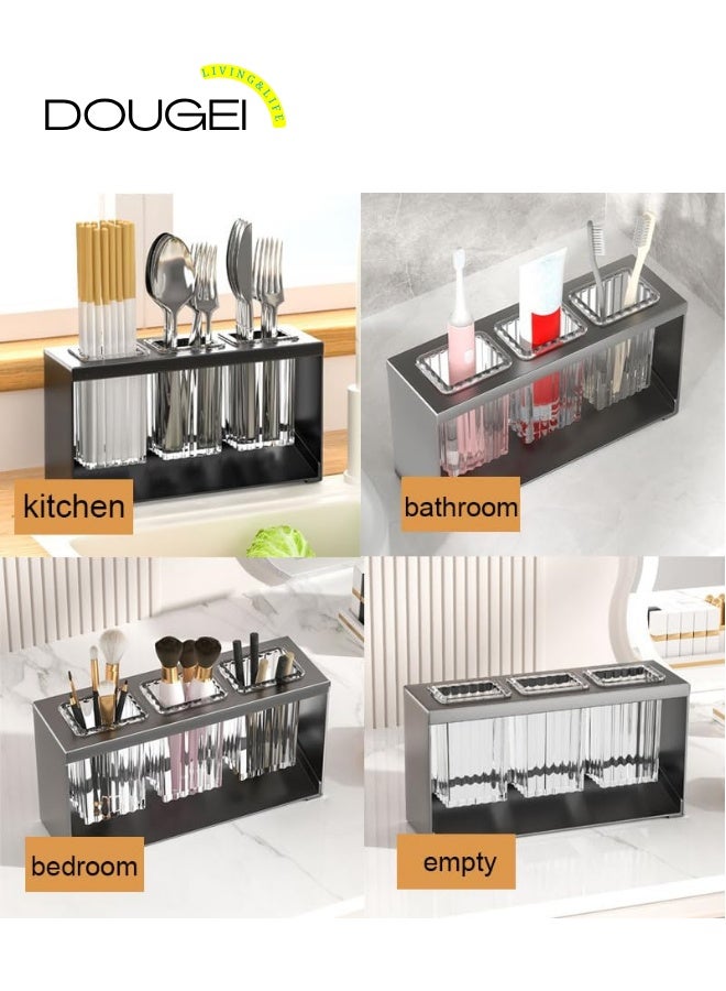 دوغي كونترتوب أدوات المائدة التجفيف حامل أدوات المائدة المائدة التجفيف صندوق منضدية منفصل 3 أكواب شوكة عود المطبخ تخزين أدوات المائدة منظم الأواني (أسود) - Image 3