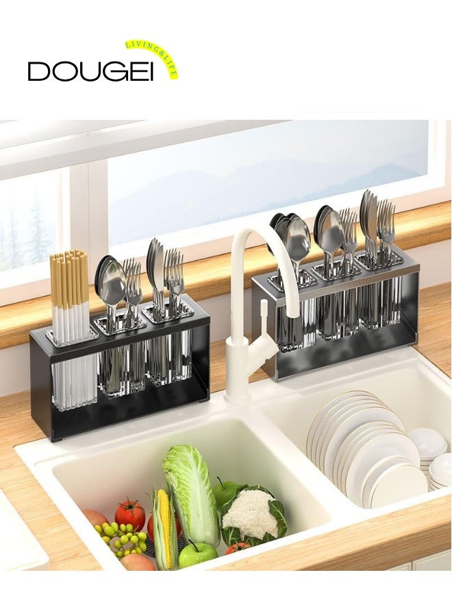دوغي كونترتوب أدوات المائدة التجفيف حامل أدوات المائدة المائدة التجفيف صندوق منضدية منفصل 3 أكواب شوكة عود المطبخ تخزين أدوات المائدة منظم الأواني (أسود) - Image 4