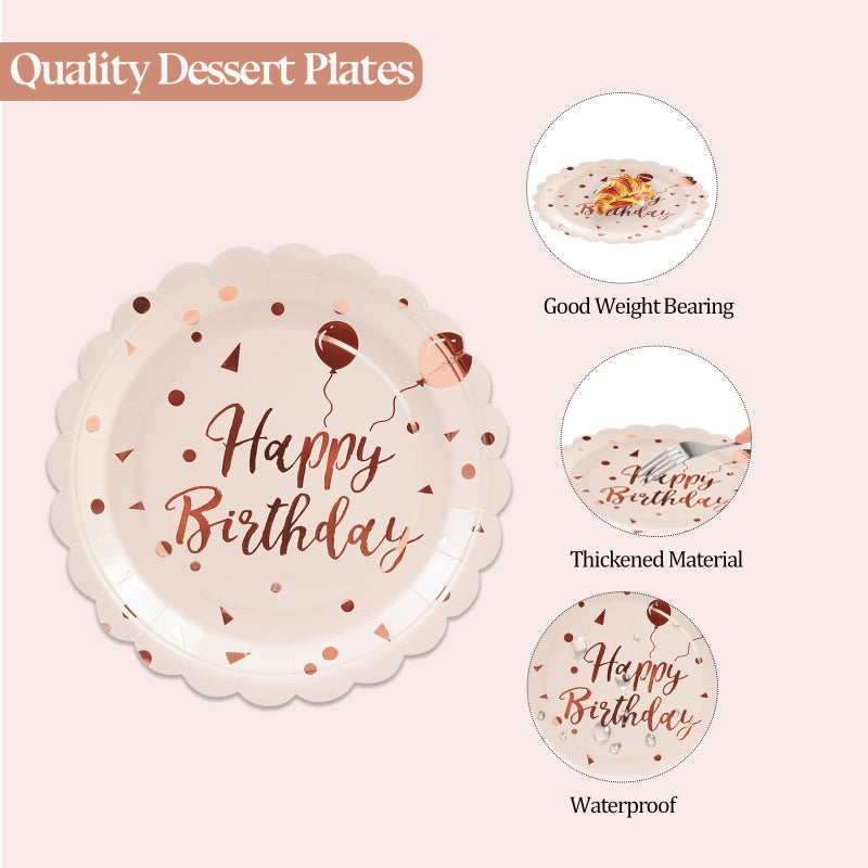 HFBOBP 50PCS Happy Birthday Paper Plates and Napkins Set - 7 Inch Pink Rose Gold Birthday Cake Plates Scalloped Dessert Plate Disposable Tableware for Birthday's Party Supplies Decorations - Image 4