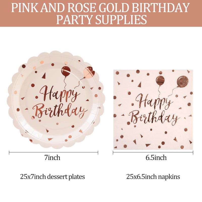 HFBOBP 50PCS Happy Birthday Paper Plates and Napkins Set - 7 Inch Pink Rose Gold Birthday Cake Plates Scalloped Dessert Plate Disposable Tableware for Birthday's Party Supplies Decorations - Image 3