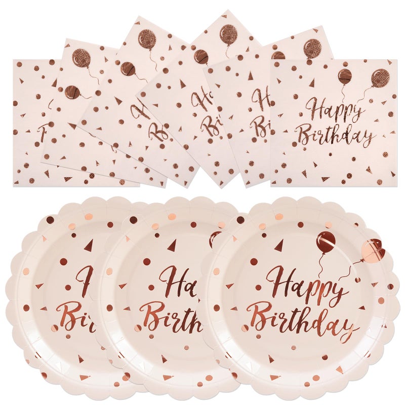 HFBOBP 50PCS Happy Birthday Paper Plates and Napkins Set - 7 Inch Pink Rose Gold Birthday Cake Plates Scalloped Dessert Plate Disposable Tableware for Birthday's Party Supplies Decorations - Image 1