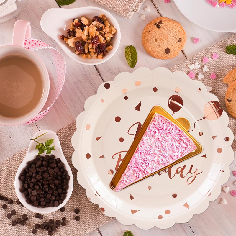 HFBOBP 50PCS Happy Birthday Paper Plates and Napkins Set - 7 Inch Pink Rose Gold Birthday Cake Plates Scalloped Dessert Plate Disposable Tableware for Birthday's Party Supplies Decorations - Image 2