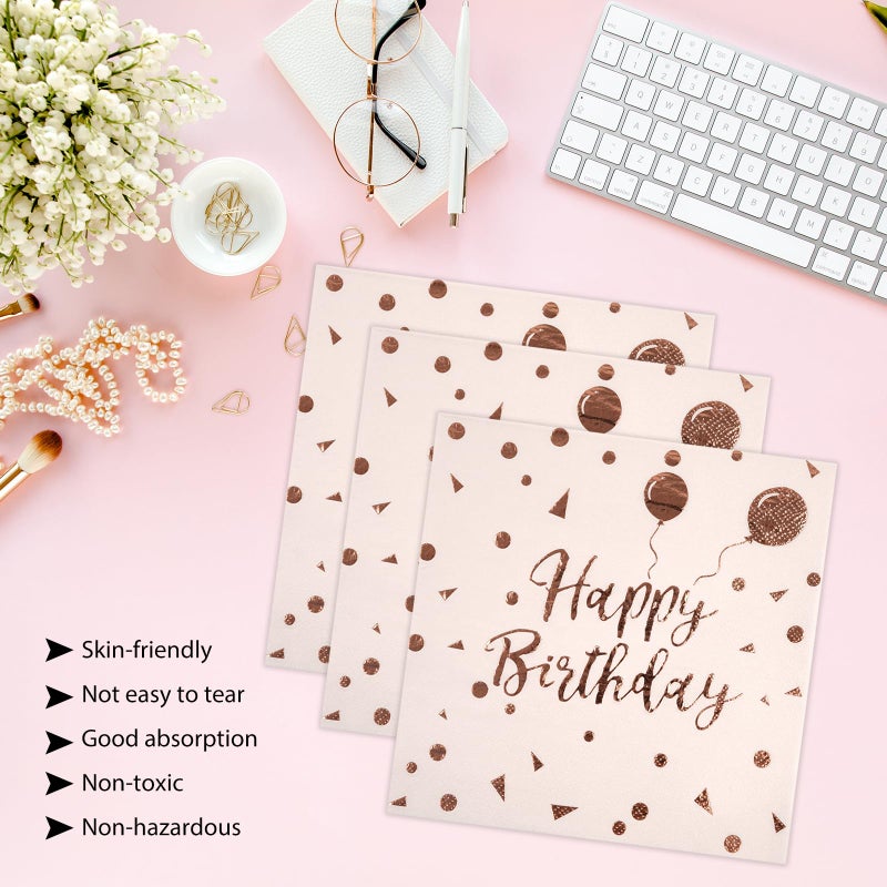 HFBOBP 50PCS Happy Birthday Paper Plates and Napkins Set - 7 Inch Pink Rose Gold Birthday Cake Plates Scalloped Dessert Plate Disposable Tableware for Birthday's Party Supplies Decorations - Image 5