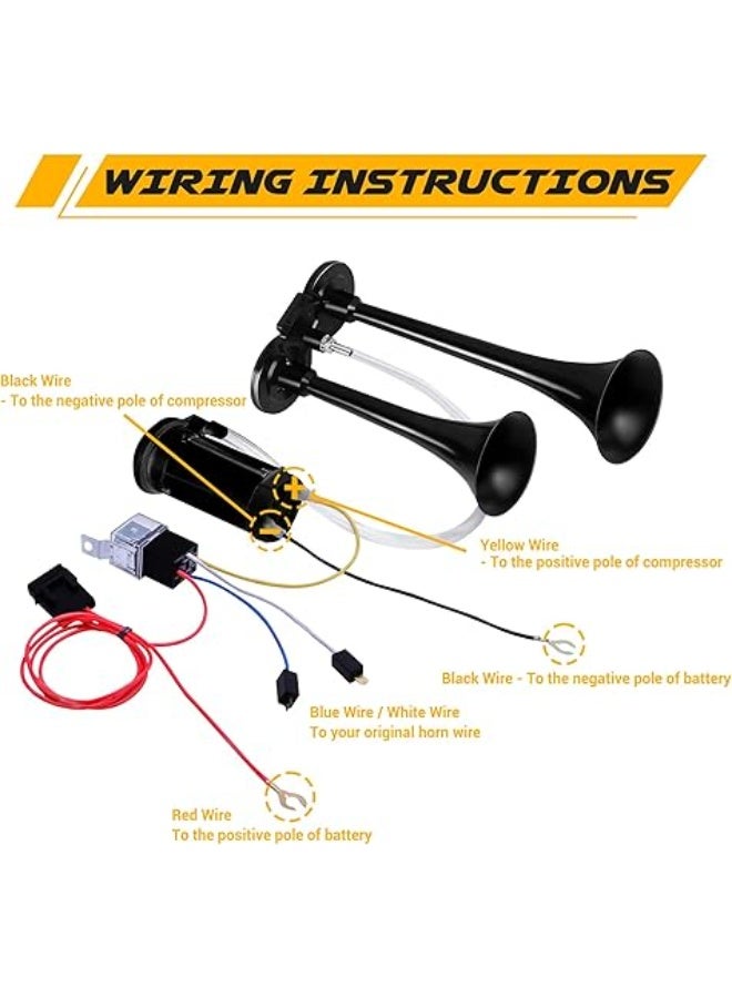 MAKINGTEC Air Horn Kit, Super Loud Train Horn for Truck, Air Horn Dual Truck Horn with Compressor for 12V Vehicles Trucks Pickup Trains Cars Boats (Dual black) - Image 3