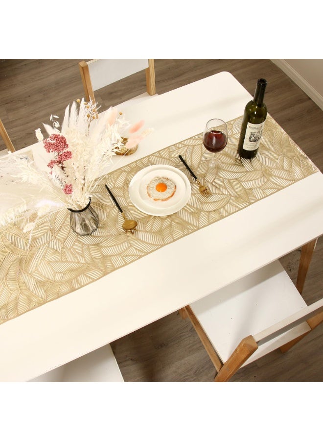 FLYROAD Table Runner Hollow Dining Table Runner Heat Resistant Table Runner Leaf Shaped Vinyl Table Runner Waterproof Washable Table Mats Centerpiece Table Decorations for Party Wedding，180*35cm(Gold) - Image 5