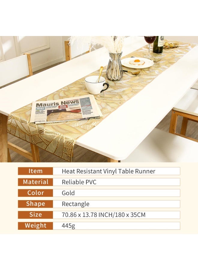 FLYROAD Table Runner Hollow Dining Table Runner Heat Resistant Table Runner Leaf Shaped Vinyl Table Runner Waterproof Washable Table Mats Centerpiece Table Decorations for Party Wedding，180*35cm(Gold) - Image 2