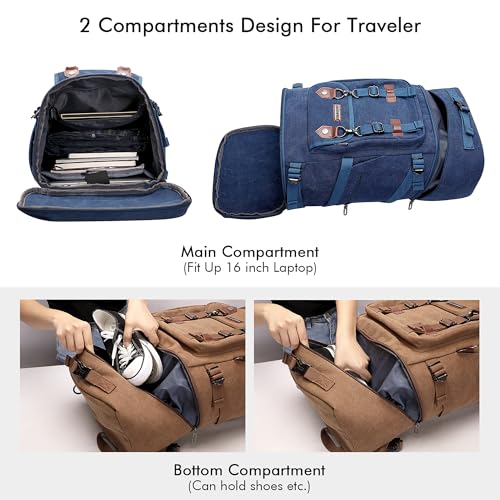 WITZMAN Travel Backpack for Men Women Canvas Backpack Carry on Luggage Rucksack Convertible Duffel Bag Large (A568 Blue) - Image 4
