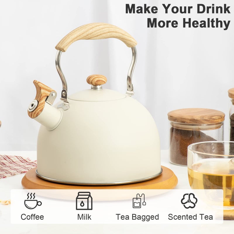 TEDSWAIT 2.6 Quart/2.5 L Whistling Tea Kettles With Wood Grain Adjustment Nylon Handle  Capsule Base Tea Kettle  White (White) - Image 4